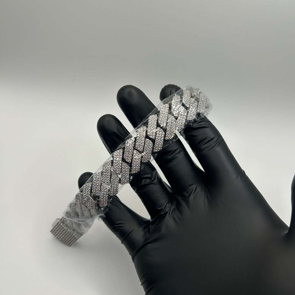 Silver Moissanite Cuban Link Bracelet Mens Passes Tester VVS New 20mm 3Row 8.5”